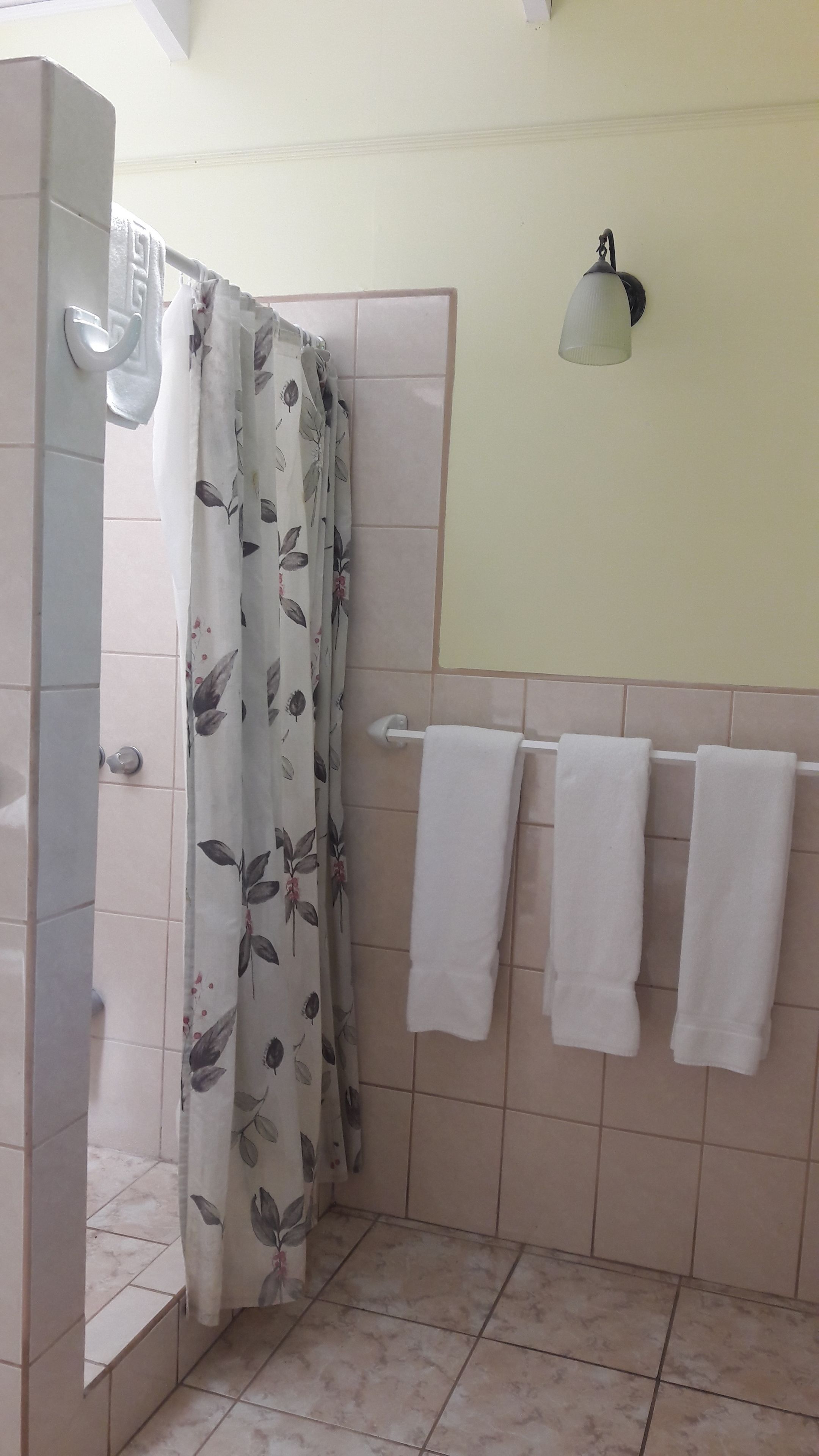 Un baño con cortina de ducha, un toallero con tres toallas e iluminación empotrada en la pared.