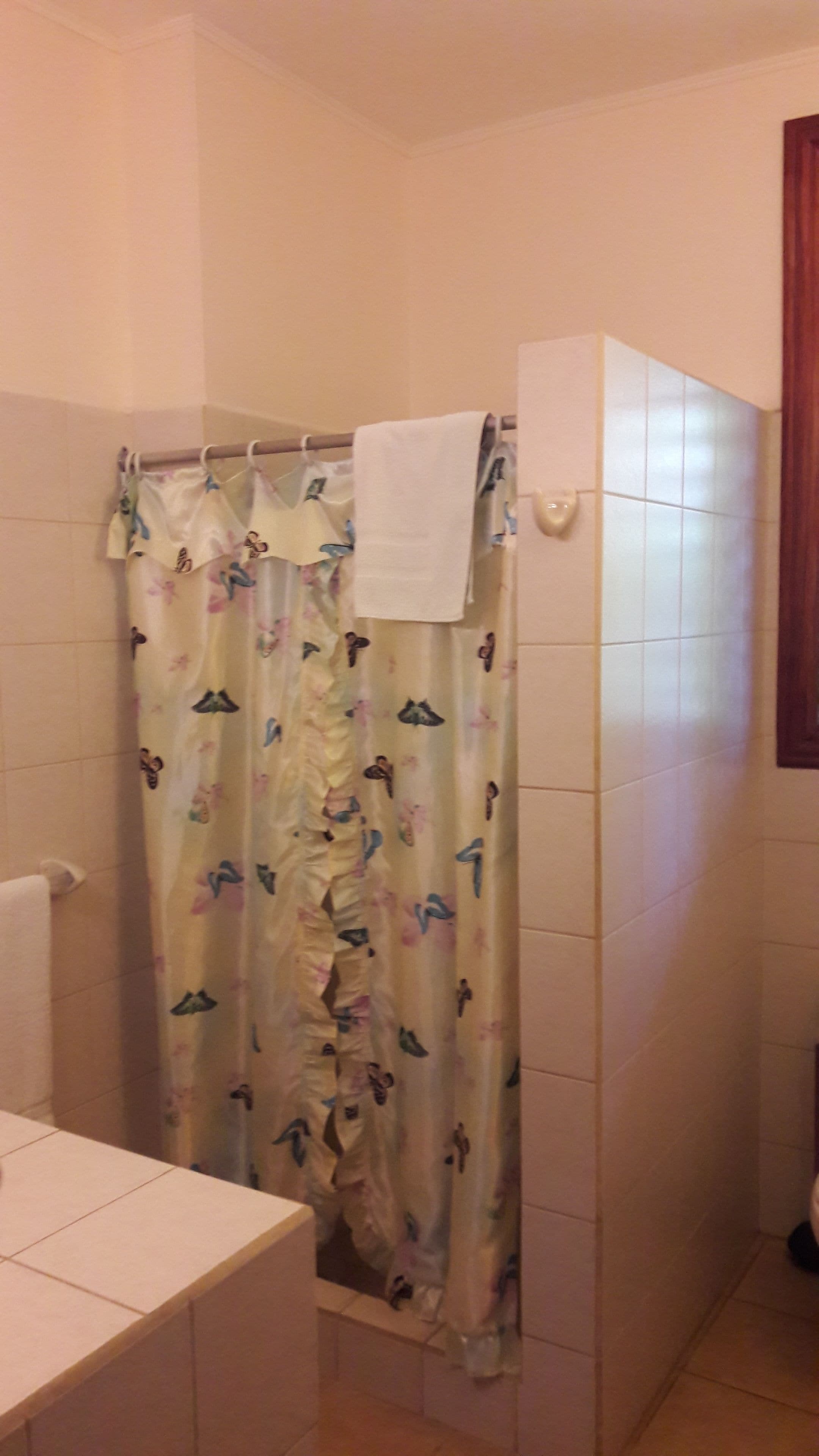 A bathroom with a shower curtain featuring a butterfly pattern, a white towel hanging on the shower rod, and tiled walls.