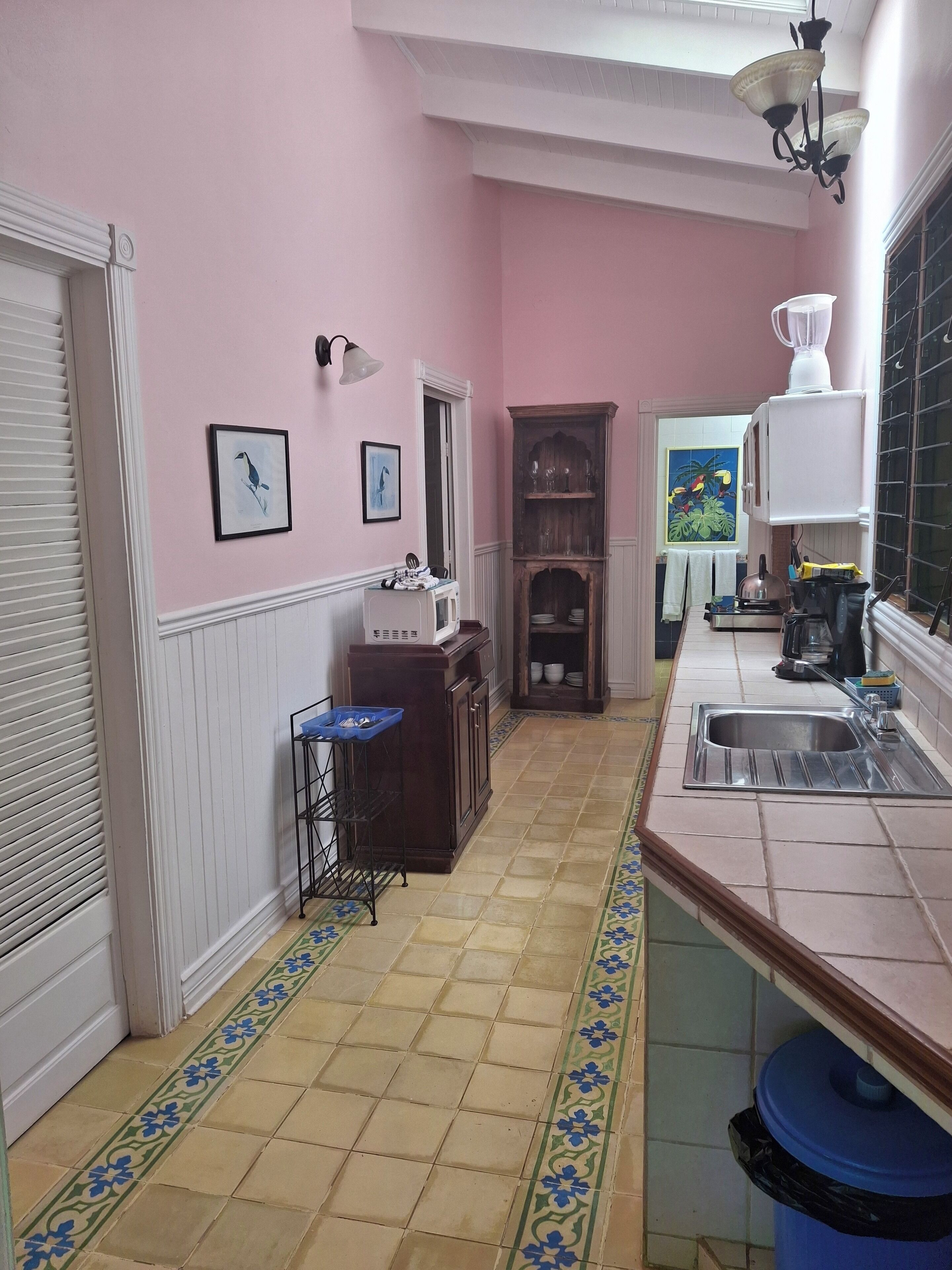 fridge, coffee/tea maker, electric kettle, toaster