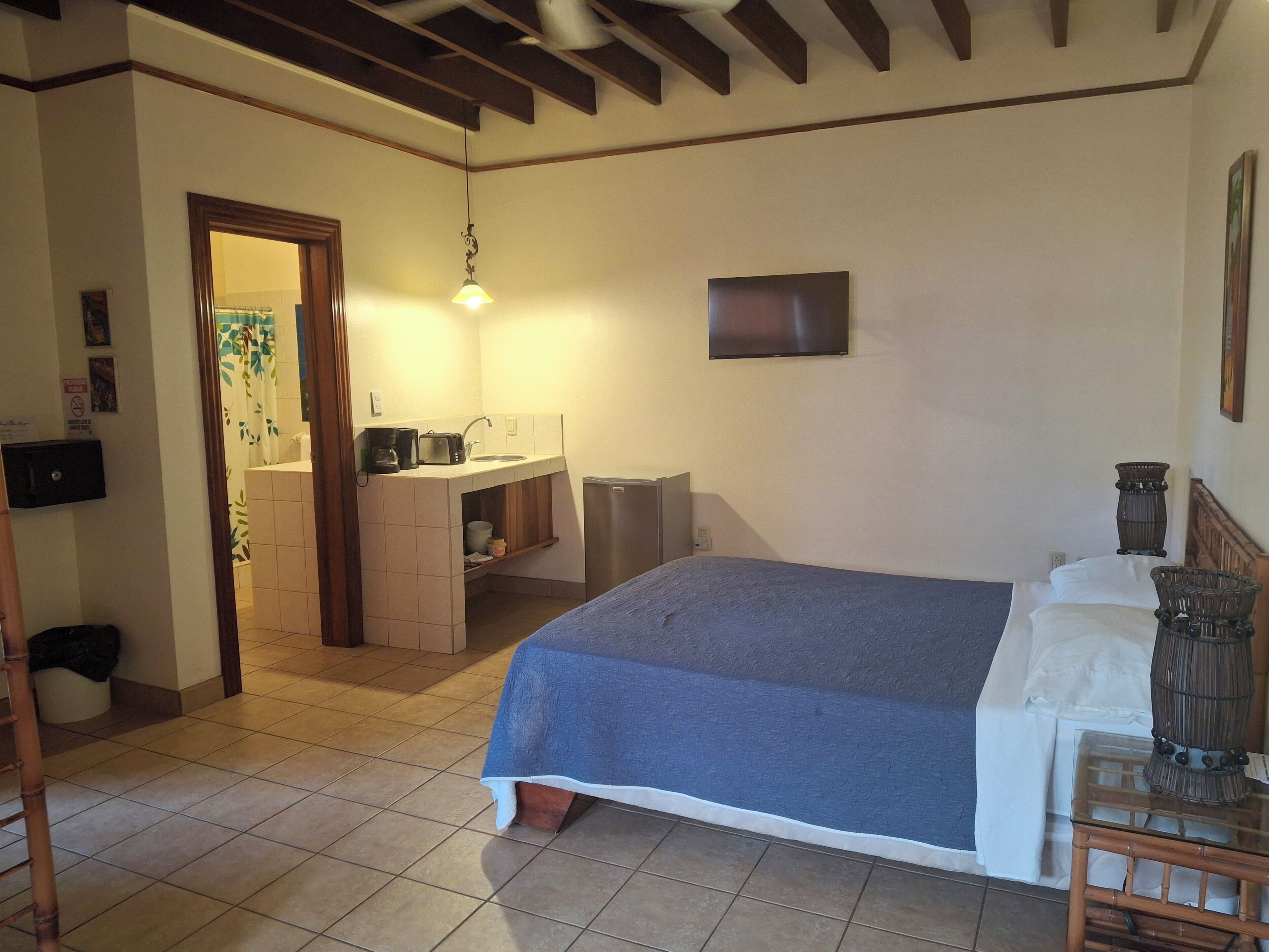 A bedroom with a bed, a small kitchenette, a TV, and a bathroom visible through an open door.