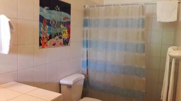 Un baño con cortina de ducha, inodoro y lavamanos.