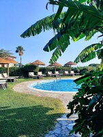 Una piscina al aire libre de temporada, sombrillas