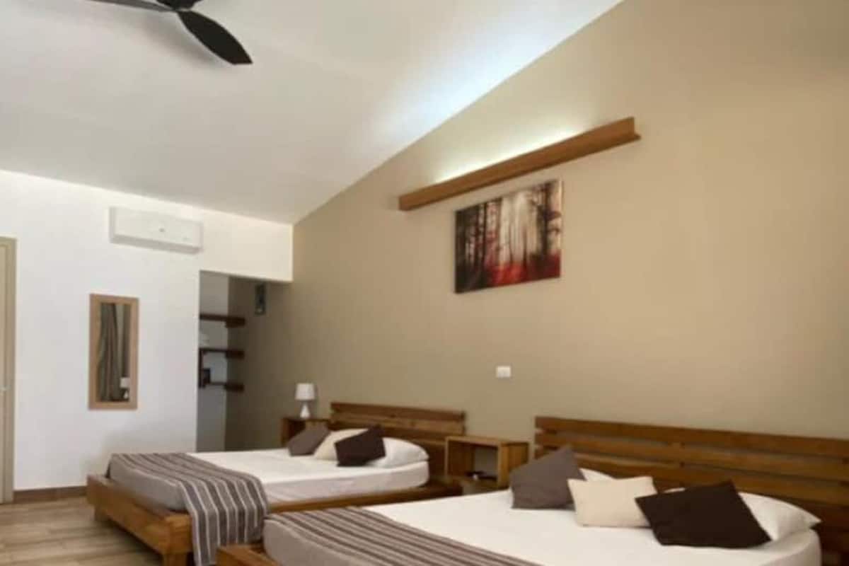 A bedroom with two beds, a desk, a chair, a ceiling fan, and a painting on the wall.