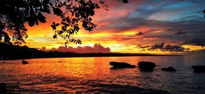 Un atardecer sobre una superficie de agua tranquila, con siluetas de árboles y rocas.