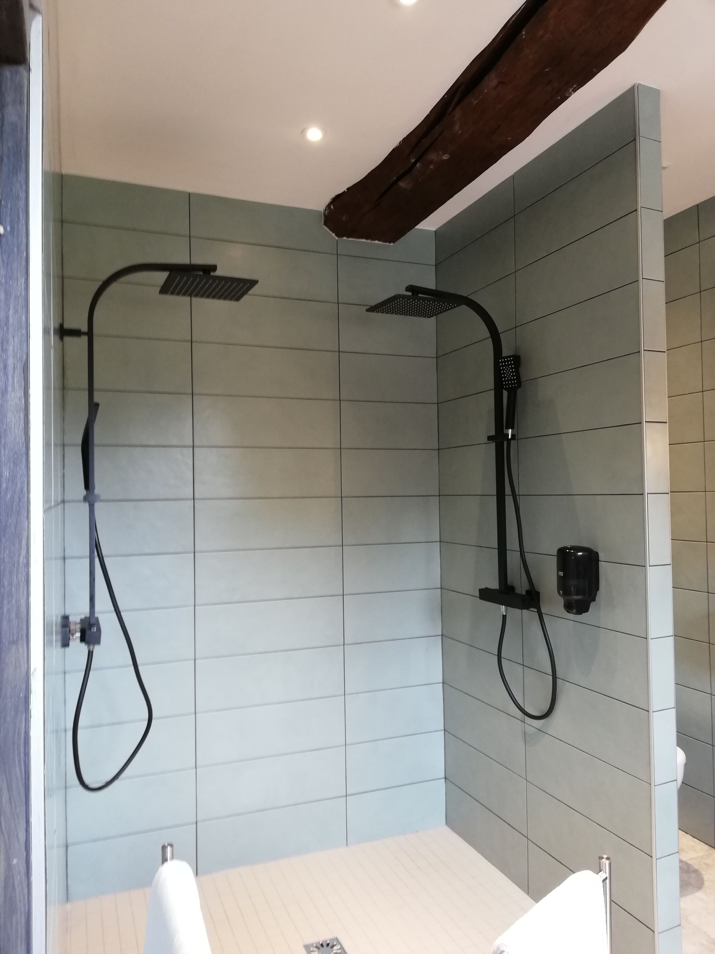 Un baño moderno con dos cabezales de ducha, un lavabo blanco y un espejo.