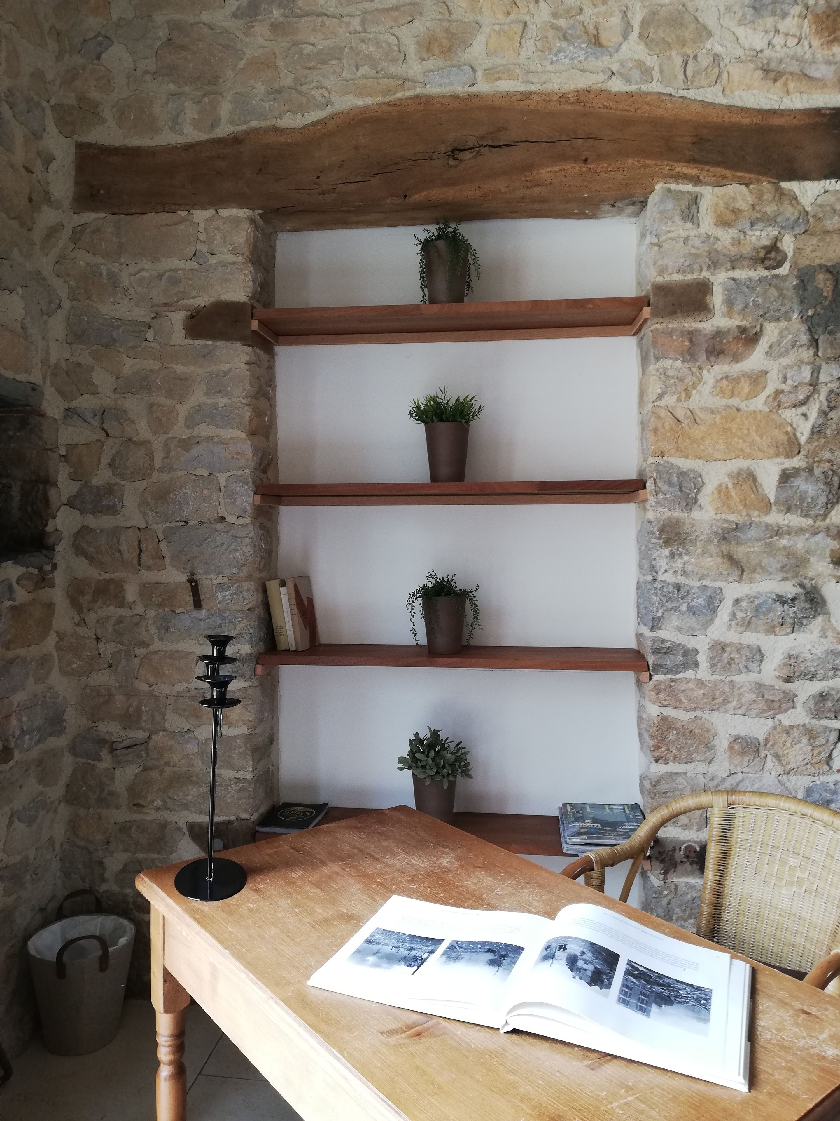 Una habitación rústica con una mesa de madera, un libro y una planta en maceta sobre una estantería.