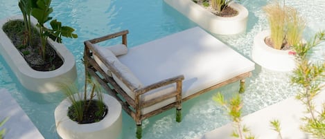 Seasonal outdoor pool, pool umbrellas, pool loungers
