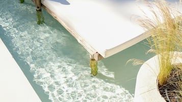 Seasonal outdoor pool, pool umbrellas, pool loungers