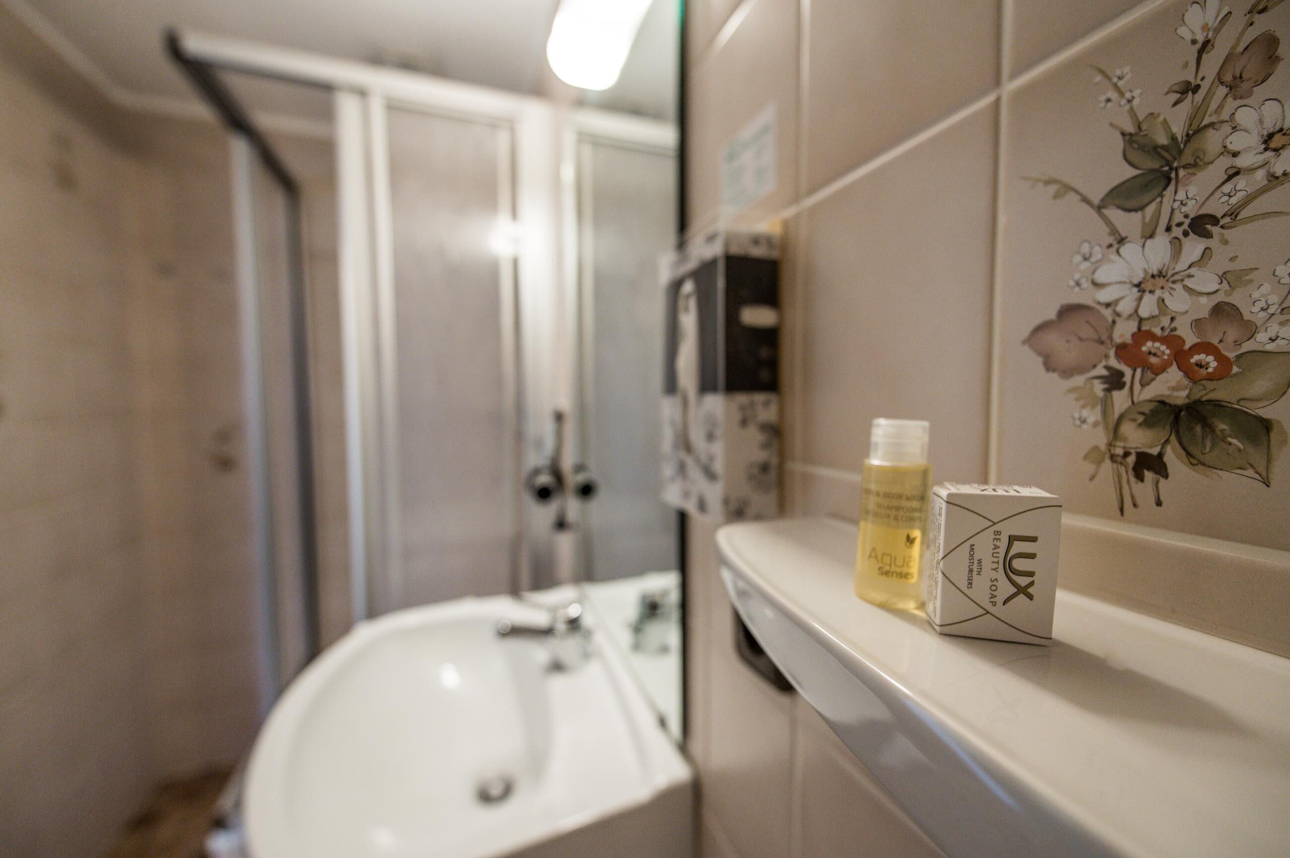 Ein Badezimmer mit Waschbecken, Spiegel und Toilettenartikeln auf der Ablagefläche.