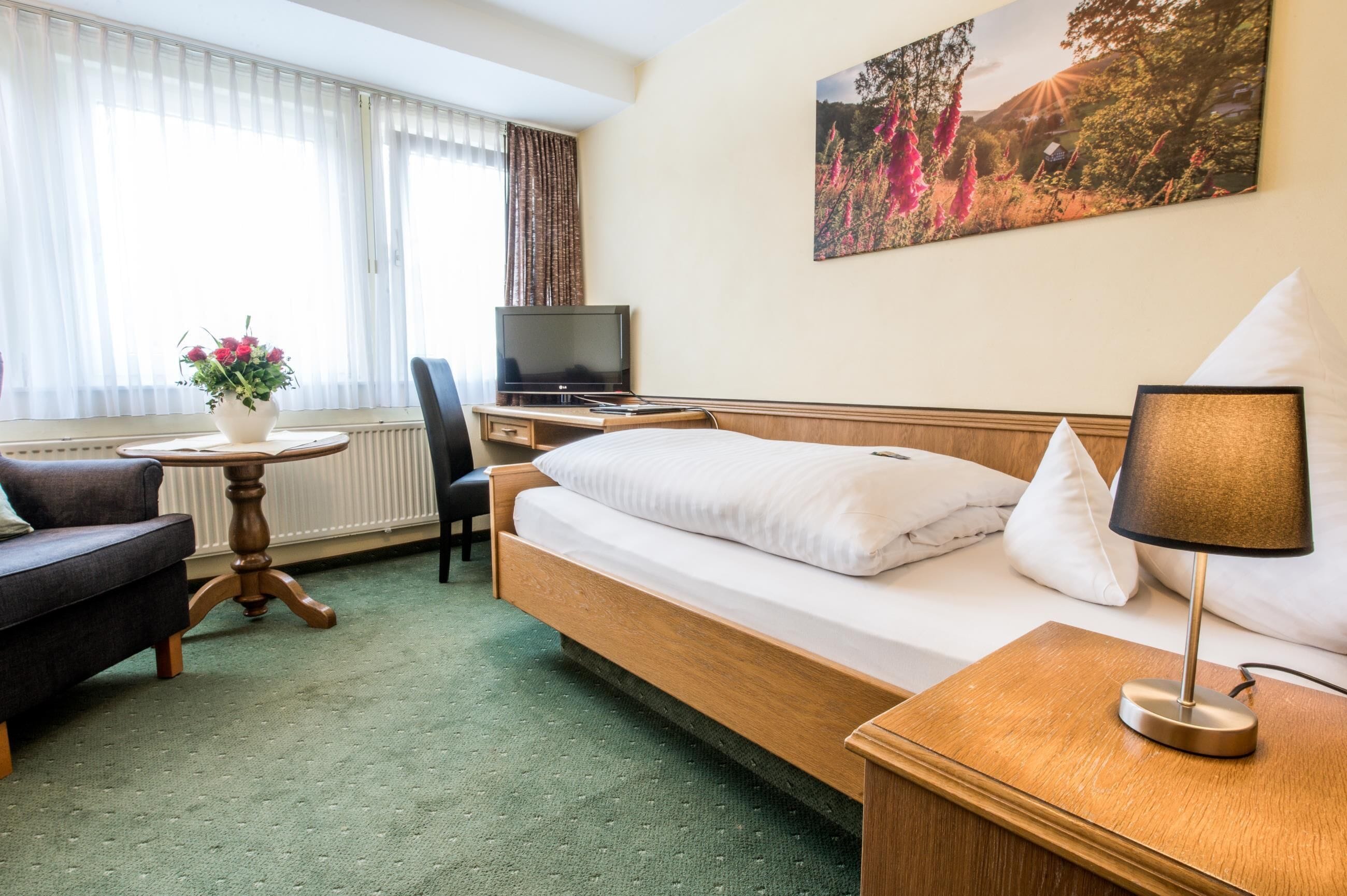 Habitación de hotel con cama, escritorio, silla, televisor, lámpara y un cuadro en la pared.