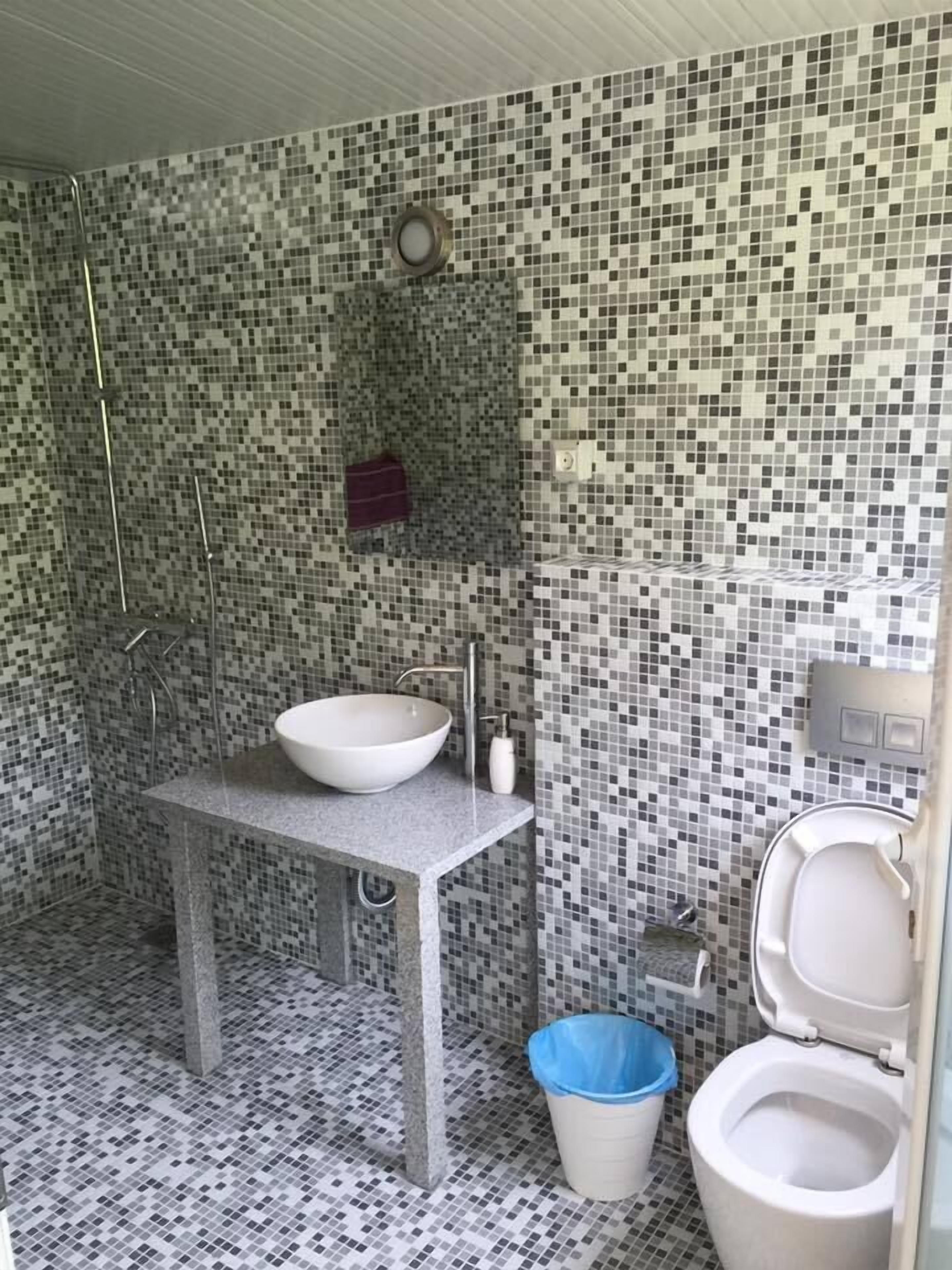A bathroom with a mosaic tile wall, a white sink, and a toilet.