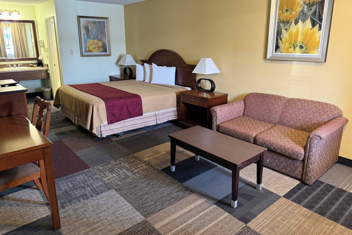 A hotel room with a bed, a sofa, a desk, a chair, a lamp, and a painting on the wall.