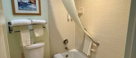 Baignoire, articles de toilette de luxe, sĂšche-cheveux