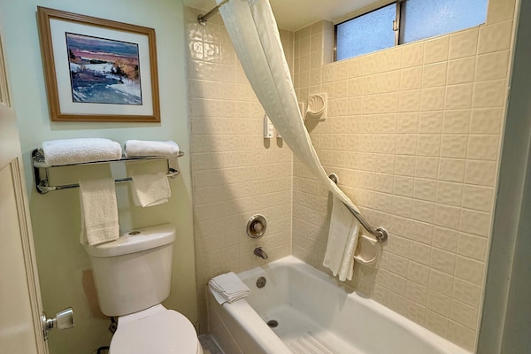 Bathtub, designer toiletries, hair dryer, towels