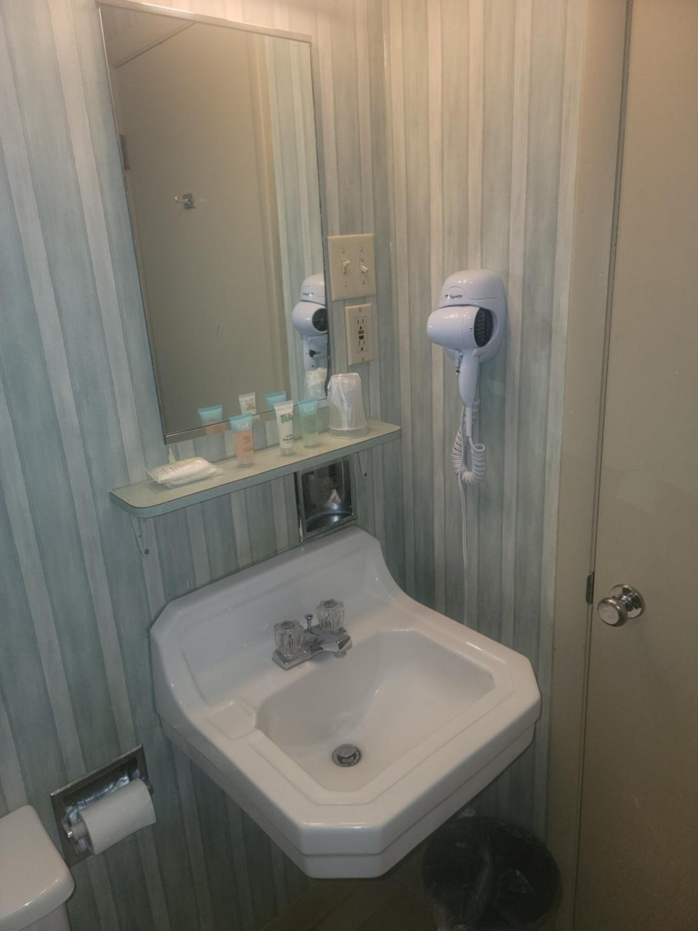 Combined shower/bathtub, hair dryer