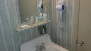 Combined shower/bathtub, hair dryer