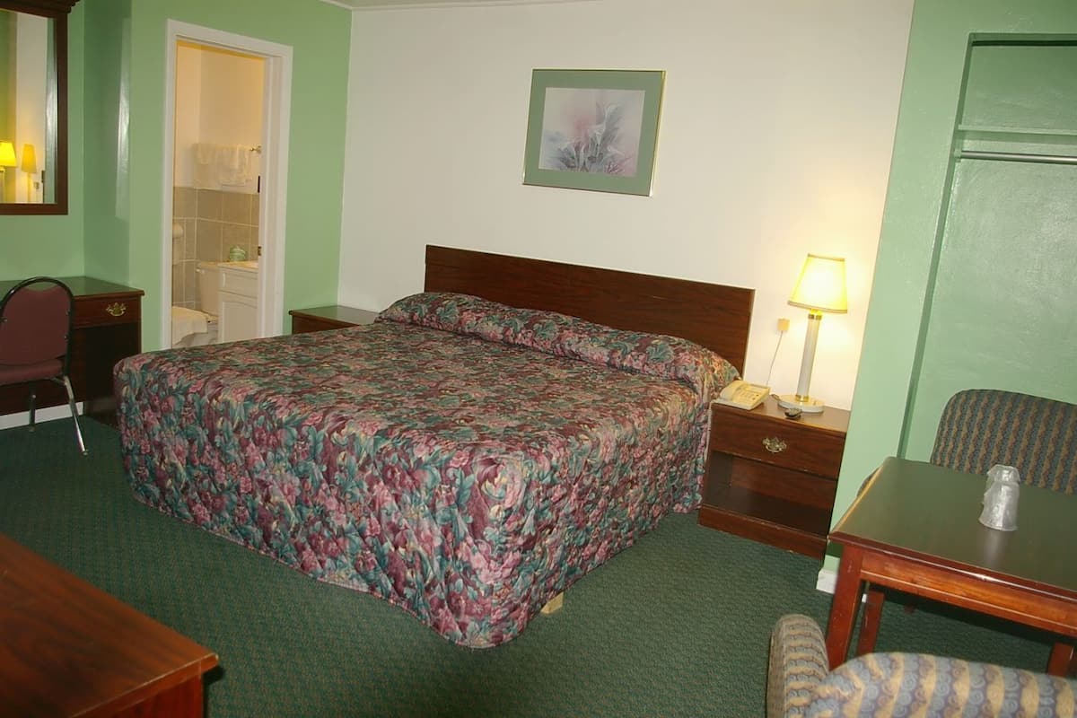A hotel room with a bed, a desk, a chair, a bedside table with a lamp, and a framed picture on the wall.