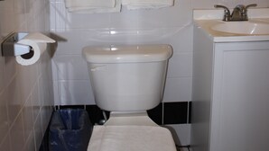 Un baño con inodoro, lavamanos y espejo. Dos toallas cuelgan de la pared.