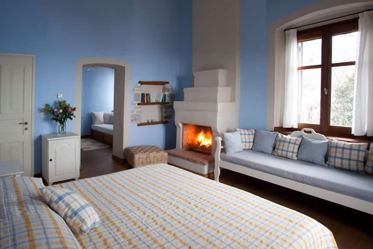 A bedroom with a bed, a sofa, a fireplace, and a window.