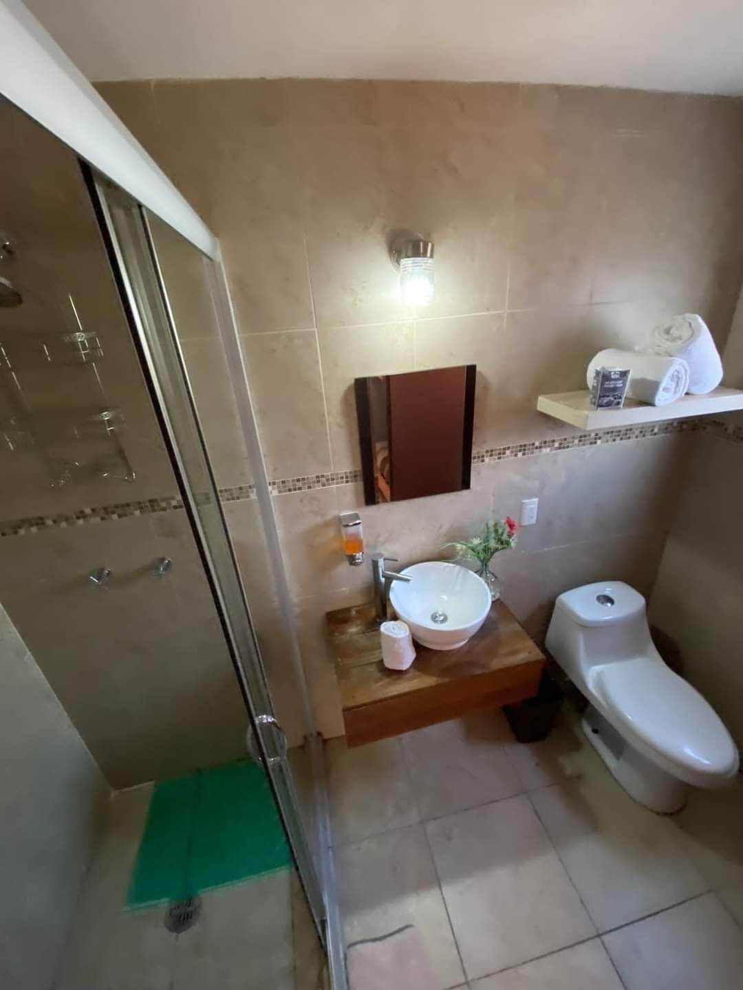 panoramic chalet | bathroom | shower, rainfall showerhead, free toiletries