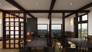 A modern dining area with wooden tables and chairs, recessed ceiling lights, and large windows offering views of greenery. - CHIKUYOAN (Nagaokakyo)