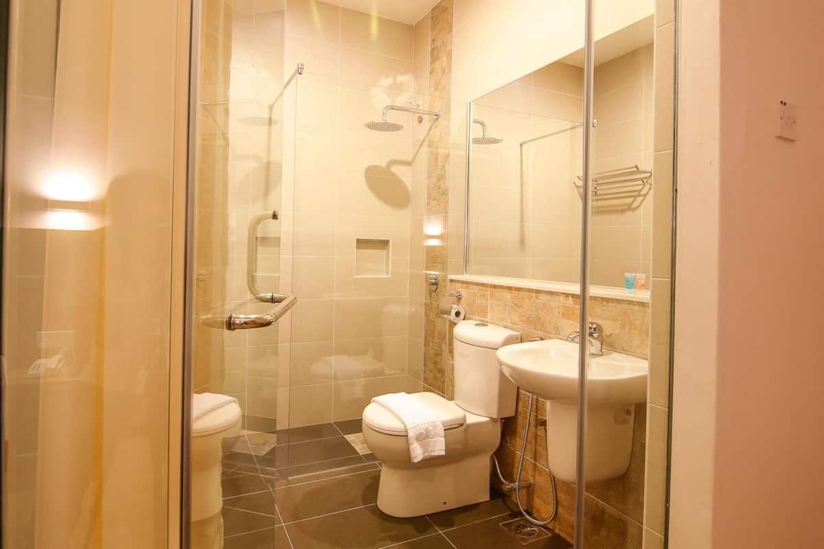 shower, free toiletries, towels