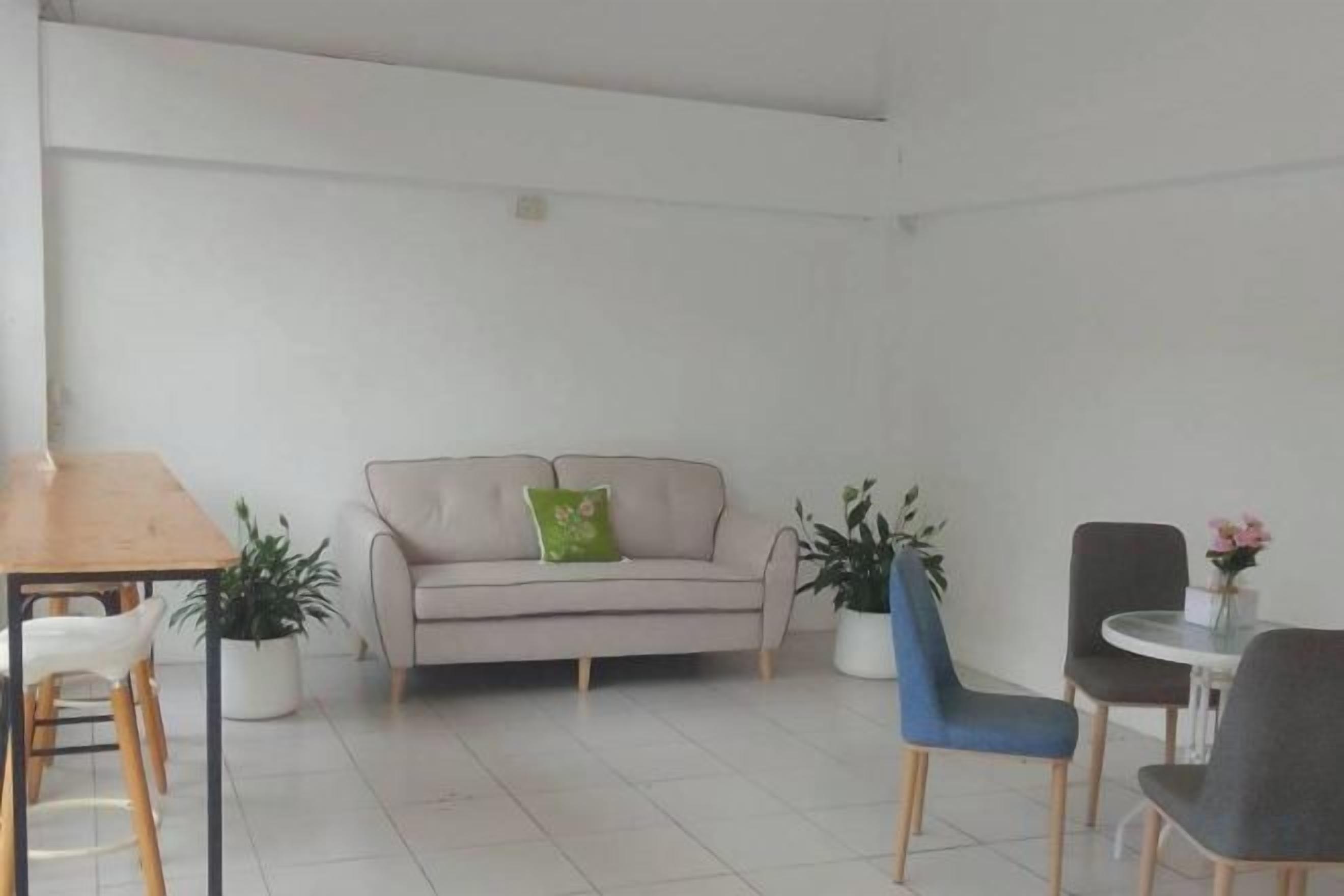 A room with a sofa, two chairs, a small table, and potted plants.