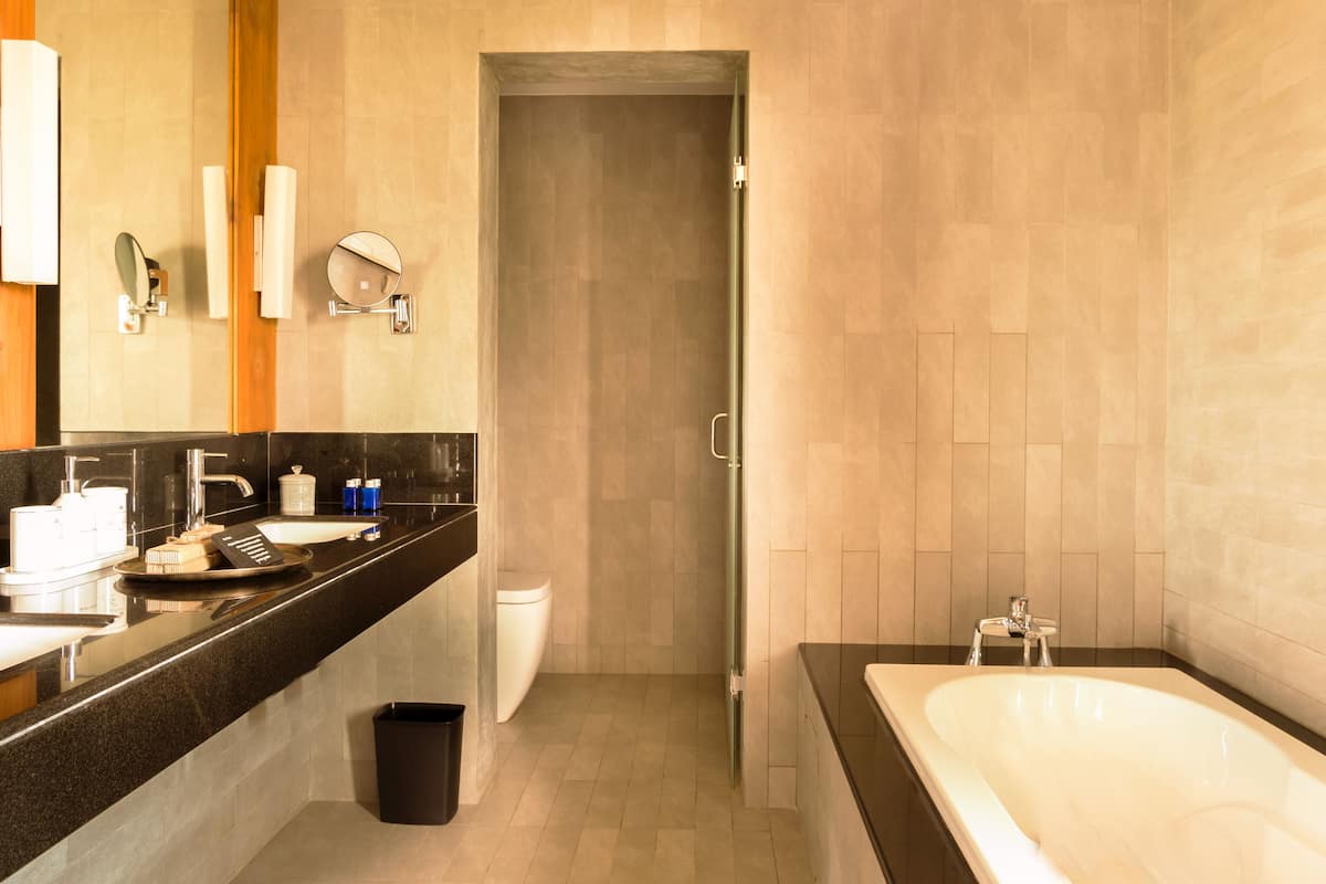 deluxe suite | bathroom | shower, free toiletries, hair dryer, bathrobes