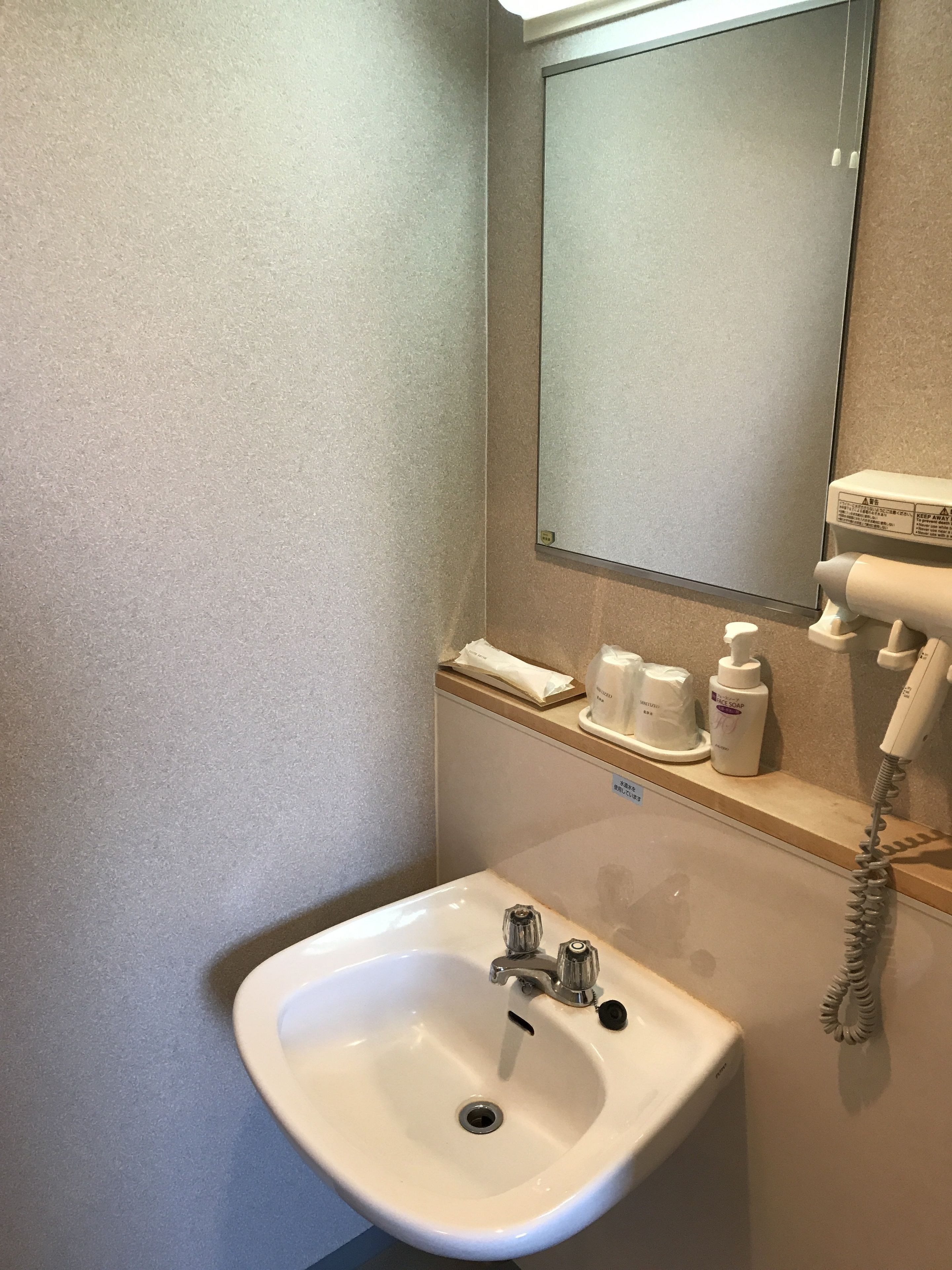 Baño con lavamanos, espejo, dispensador de toallas y secador de pelo.