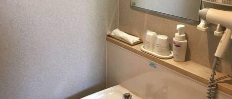 Baño con lavamanos, espejo, dispensador de toallas y secador de pelo.