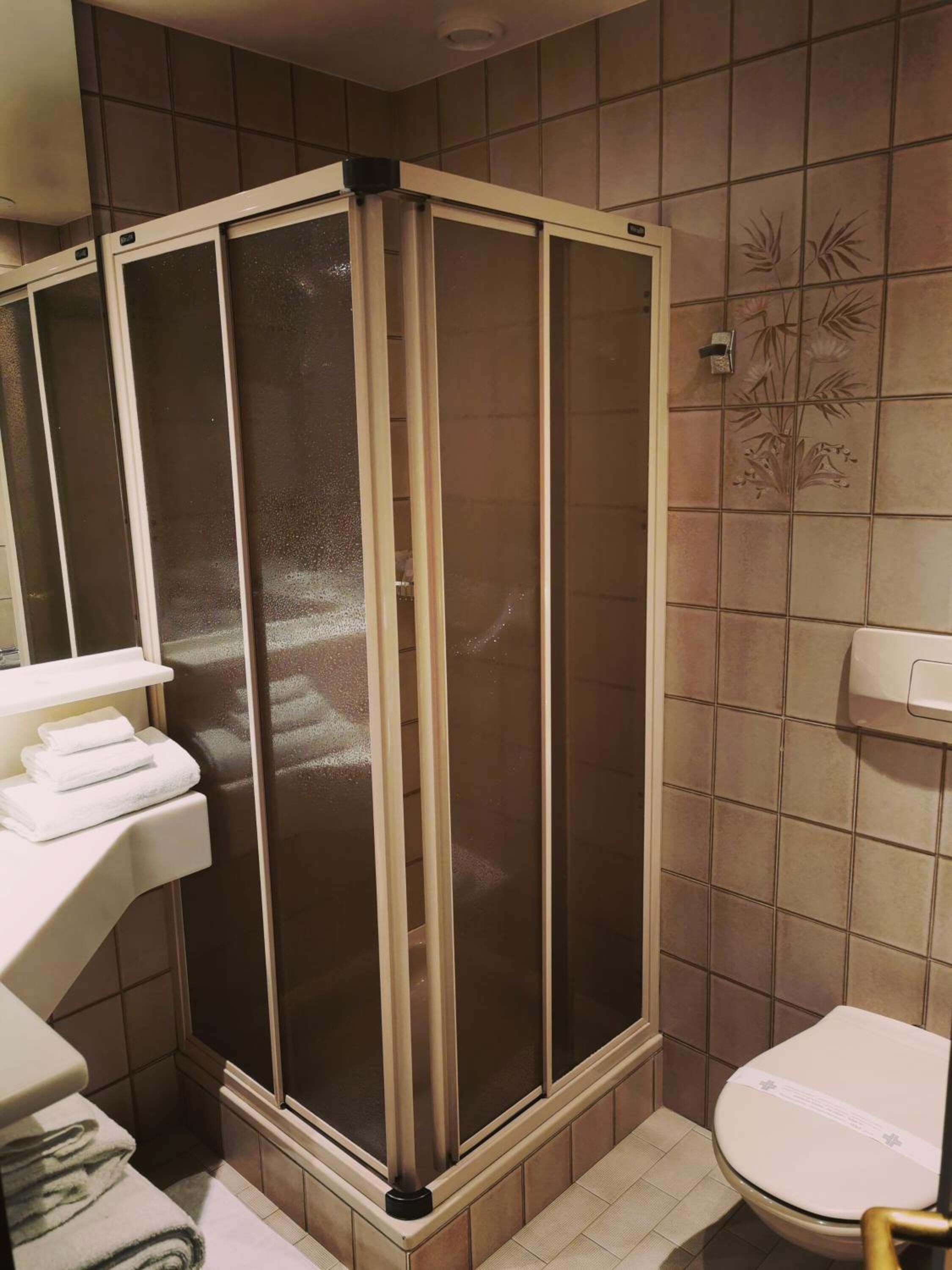 A bathroom with a walk-in shower, a toilet, and a sink with towels.