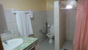 Une salle de bain avec un lavabo, des toilettes et une douche.