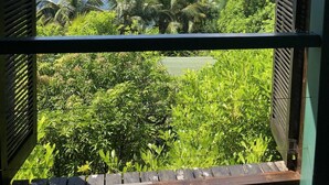 A view through open shutters of a lush landscape with a body of water, green hills, and palm trees. - South Point Villas (Cerf Island)