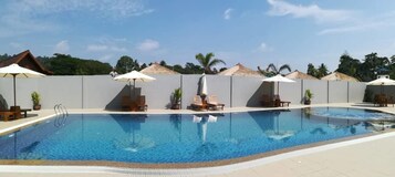 Outdoor pool, sun loungers