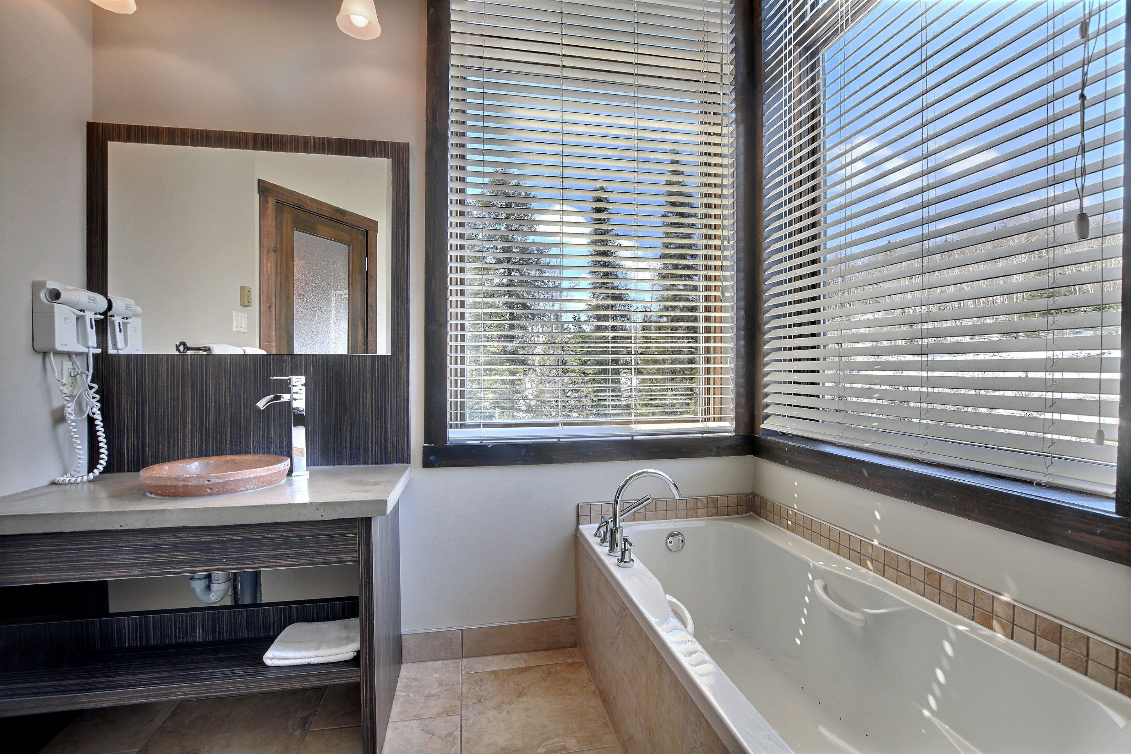 designer toiletries, hair dryer, towels