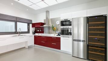 Villa, 3 Bedrooms, Private Pool (Athina) | Private kitchen | Full-size fridge, microwave, oven, stovetop