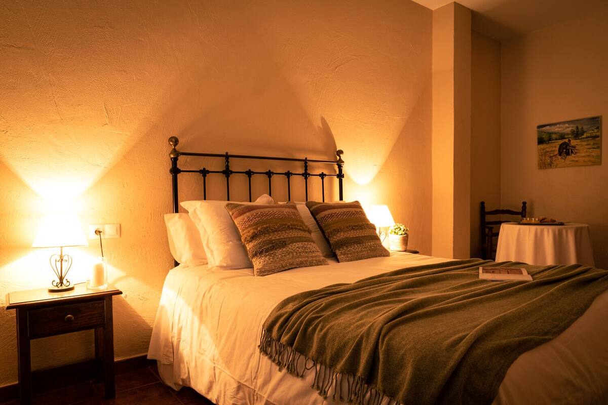 Une chambre à coucher accueillante avec un cadre de lit en métal, du linge de lit blanc et un plaid vert. On y trouve une table de chevet avec une lampe et une petite plante. Un tableau est visible au mur.