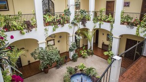 A multi-level courtyard with potted plants and a fountain. - Hospedium Hotel Val de Pinares (Bogarra)
