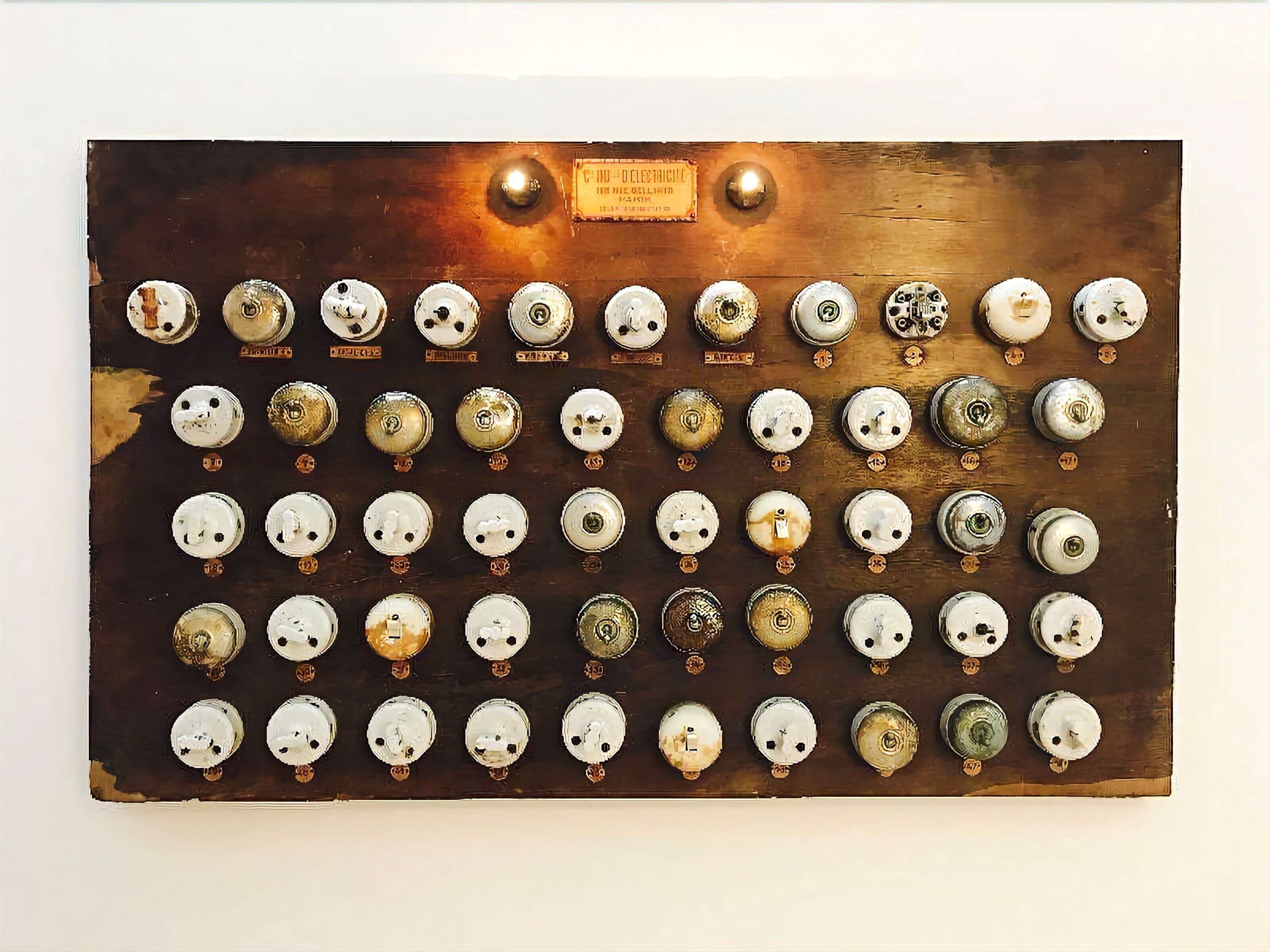 A vintage elevator control panel with multiple buttons and a plaque.