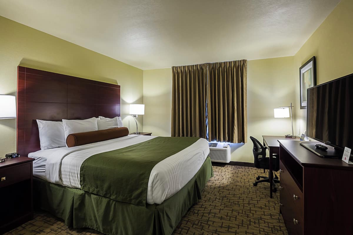 A hotel room with a large bed, a desk, a chair, a TV, and a window with curtains.