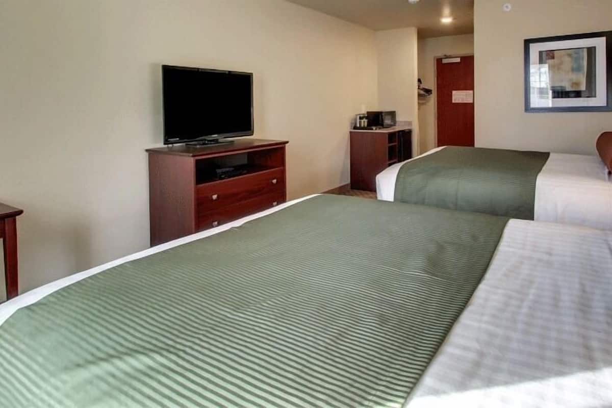 A hotel room with two beds, a television, a desk, and a framed picture on the wall.
