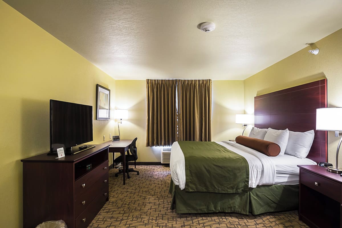 A hotel room with a bed, desk, chair, TV, and a window with curtains.