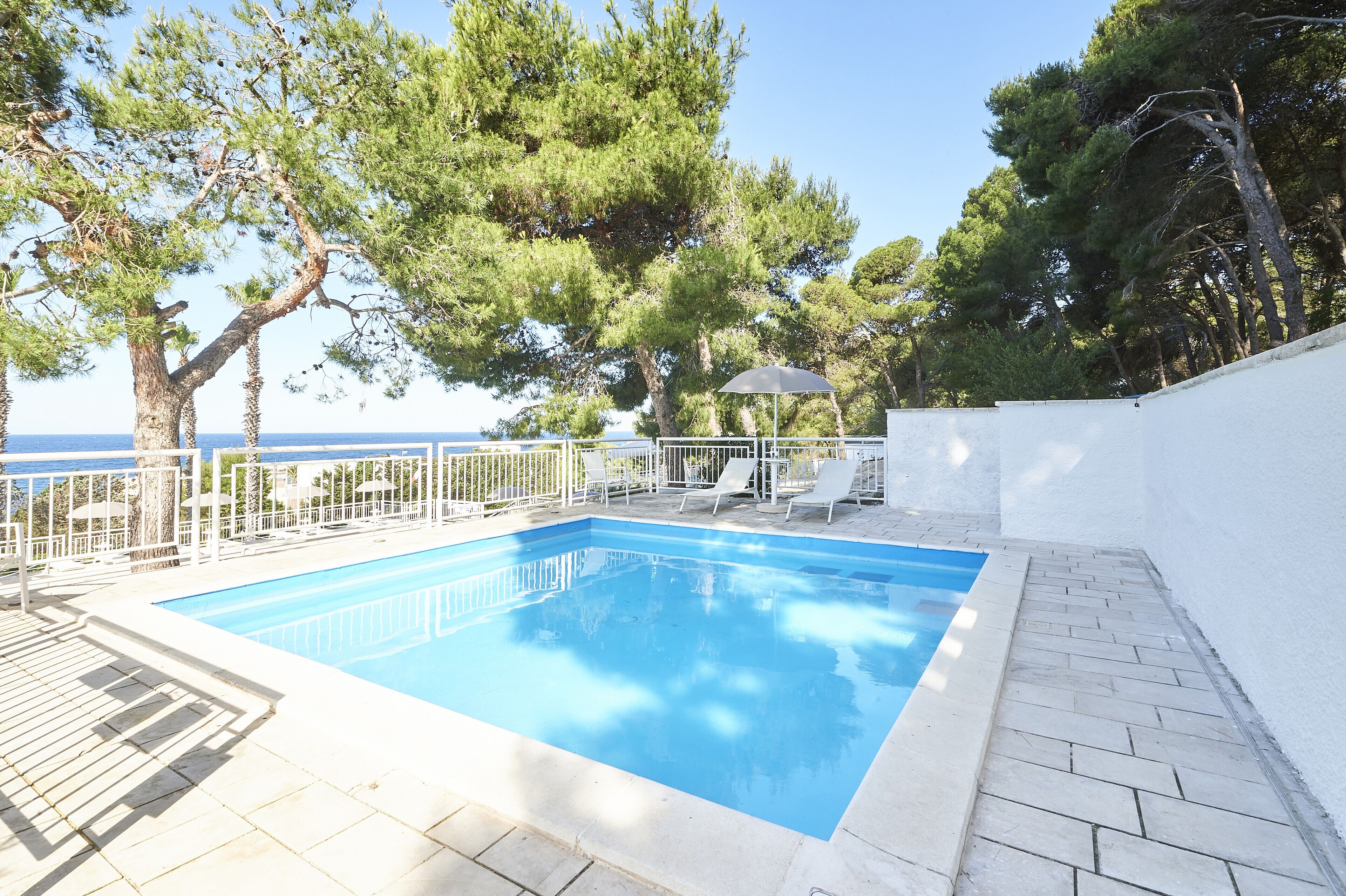 A rectangular pool with a white tiled deck, surrounded by white railings and trees.
