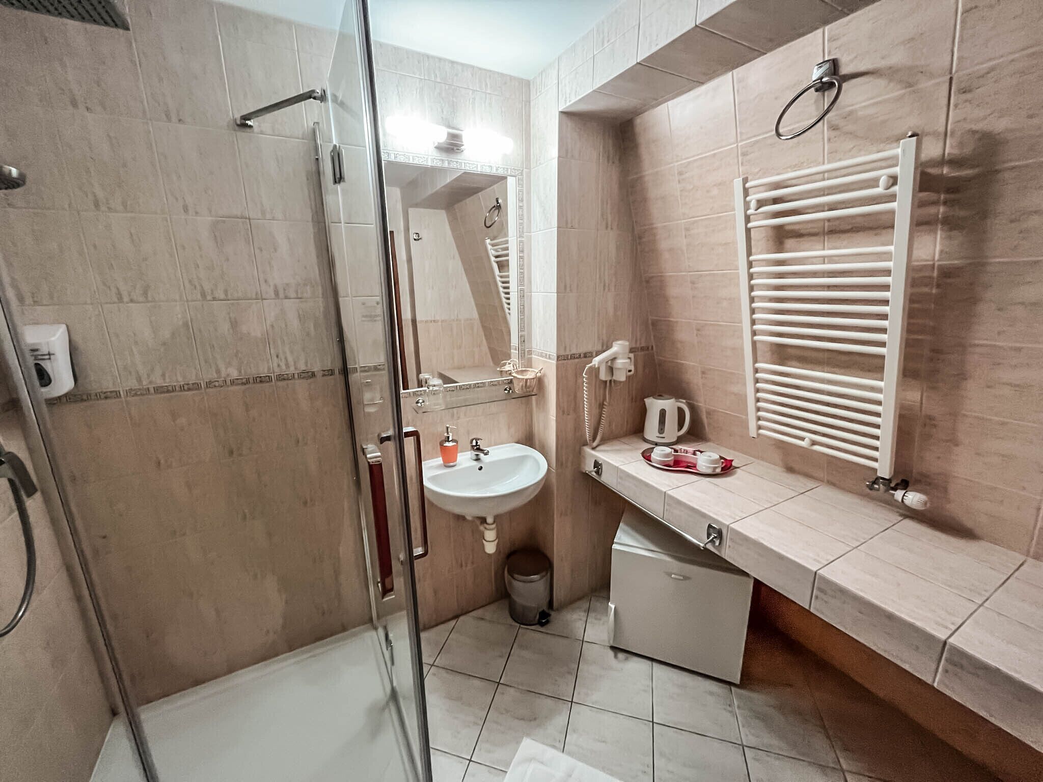 Ein modernes Badezimmer mit Duschkabine aus Glas, einem Waschbecken, einem Handtuchhalter und einer Heizung.