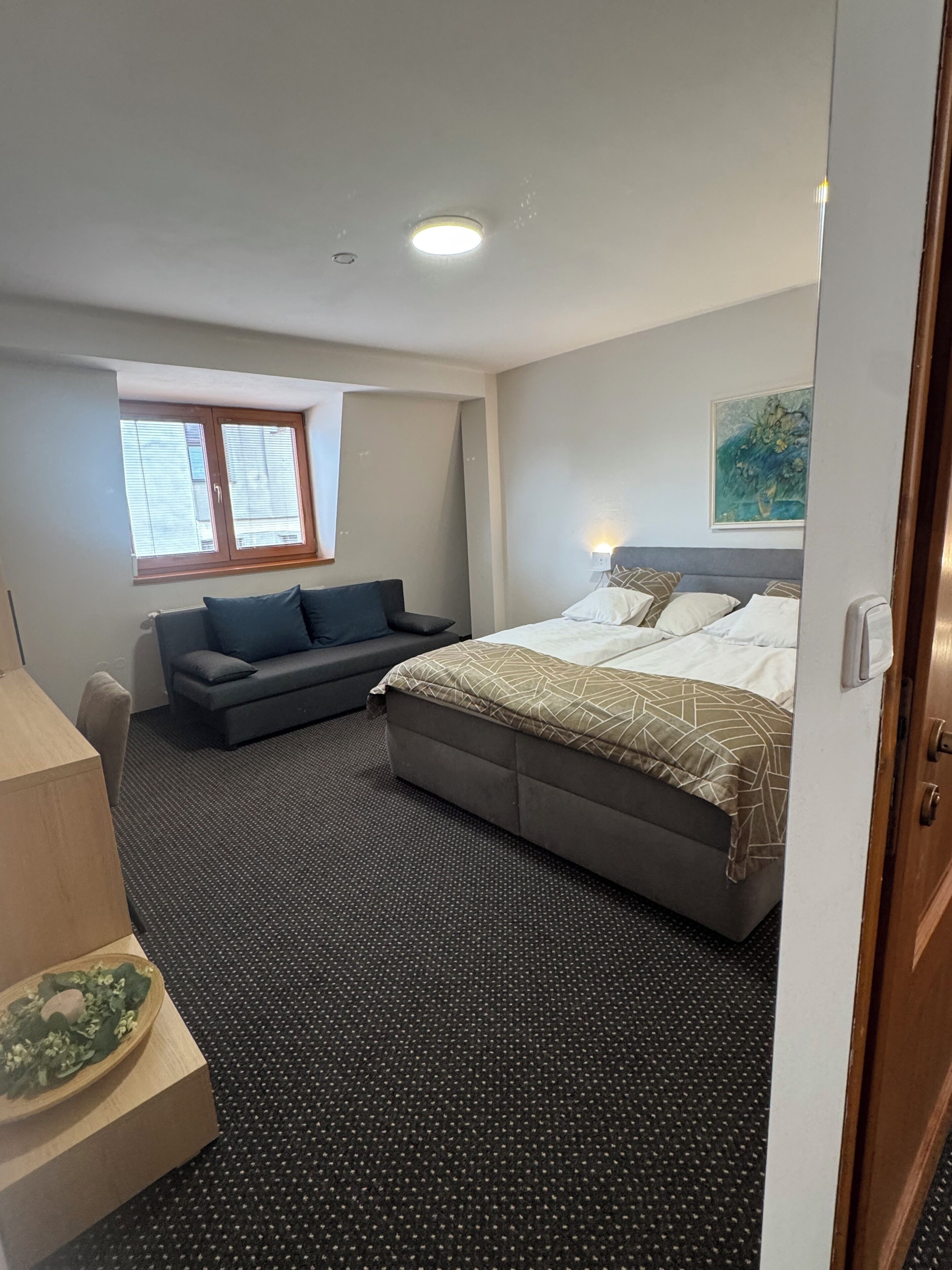 A bedroom with a bed, a sofa, a desk, and a window with blinds.