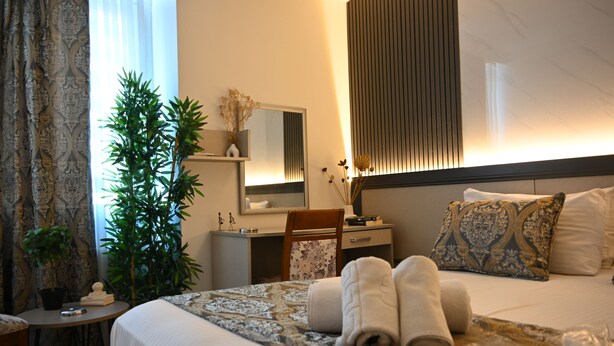 A hotel room with a bed, a desk, a chair, a potted plant, and a mirror. - Elite Marmara Hotel Gungoren (Istanbul)