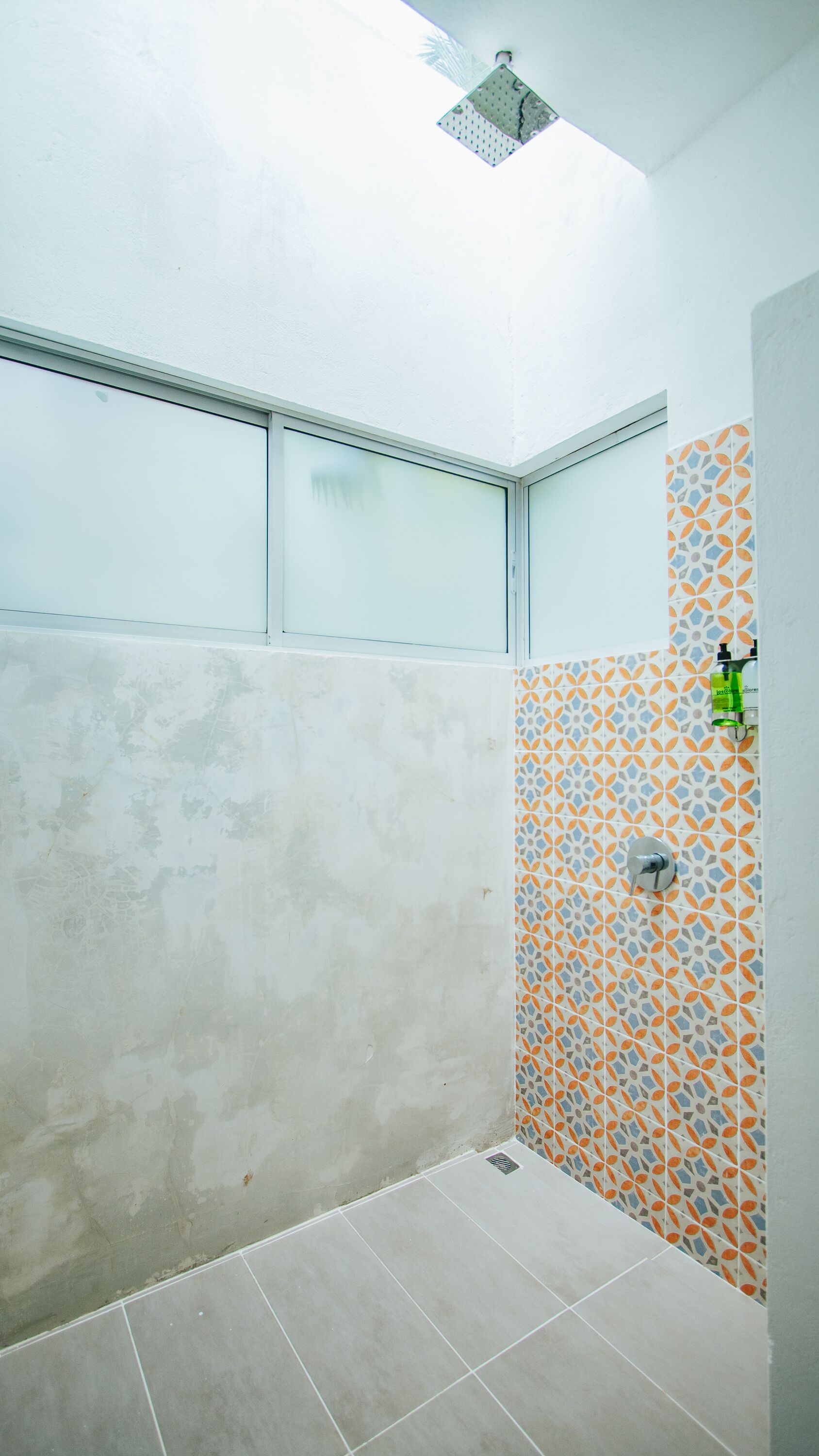 shower, rainfall showerhead, towels, soap