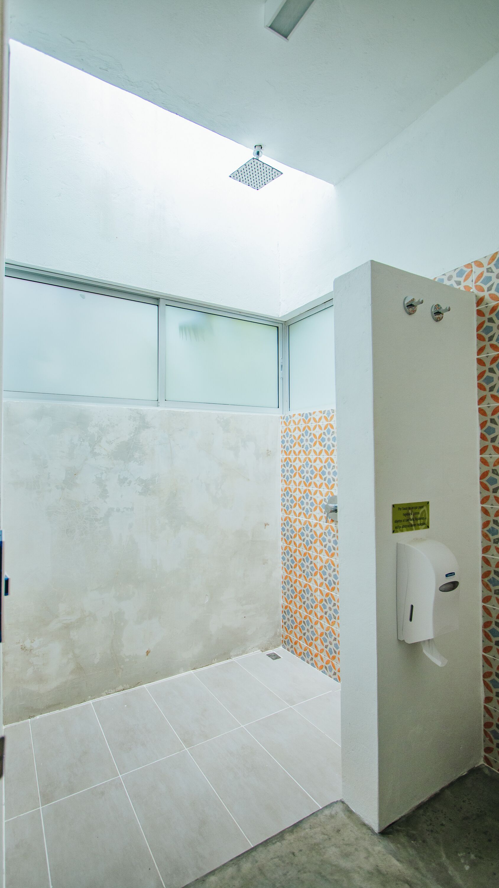 shower, rainfall showerhead, towels, soap