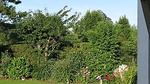 An outdoor dining area with a table set for breakfast, surrounded by chairs, and a view of a garden with trees and flowers. - B&B Yaca (De Haan)
