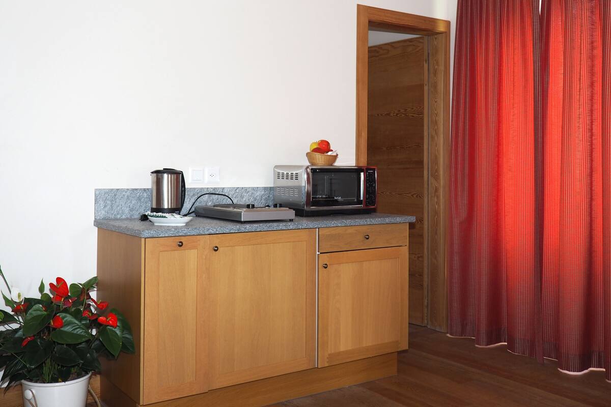 Eine kompakte Küche mit Mikrowelle, Toaster und Wasserkocher auf der Arbeitsplatte, Holzschränken und einem Blumentopf.